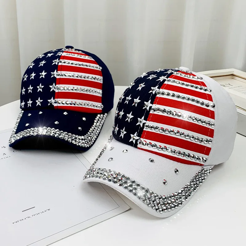 

Men Baseball Cap Sparkle Studded American Flag Deim Hip Hop Hat Women Outdoor party carnival rhinestone Bling Sun Hat