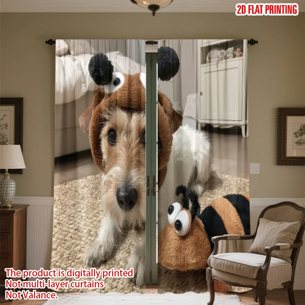 

2D flat printing 2pcs Window Curtains Playful Dog in Costume Digital Printed Polyester Drapes Family Party for Indoor