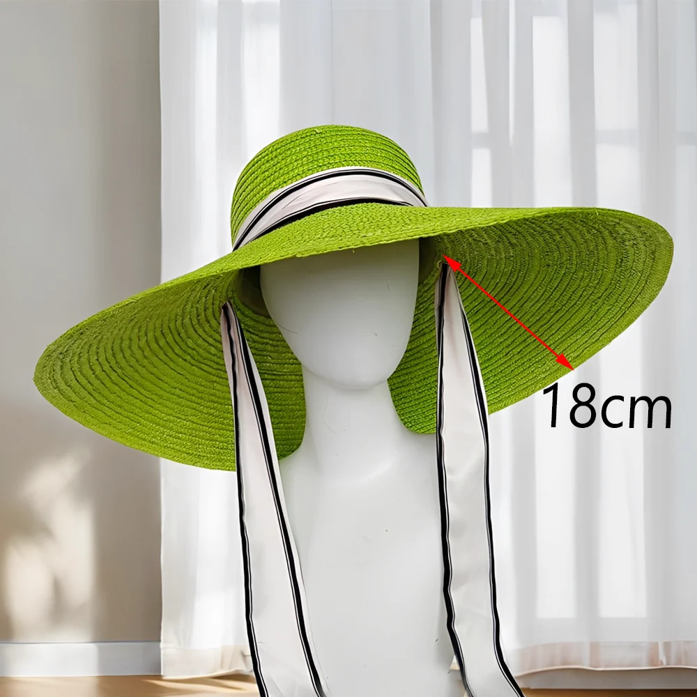 

18cm green straw hat Hepburn hat summer hand-woven straw hat women's holiday beach sun hat Chapeu Panama Feminino