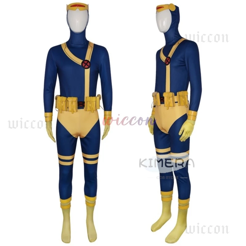 97 Cyclops Cosplay Costume Blue Jumpsuit Yellow Shoes Set Scott Summers Movie Costume Male Halloween Carnival Outfit Custom Made