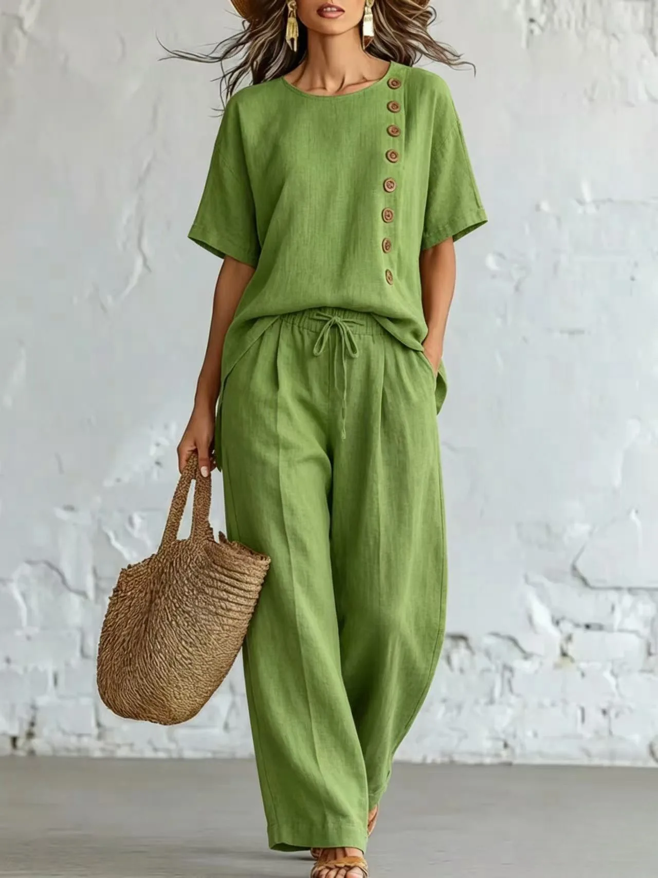 New 2026 Women's Loose Fit Short Sleeve Top And Bottom Set Side Button Design Casual Wear Polyester Lycra Blend Comfortable