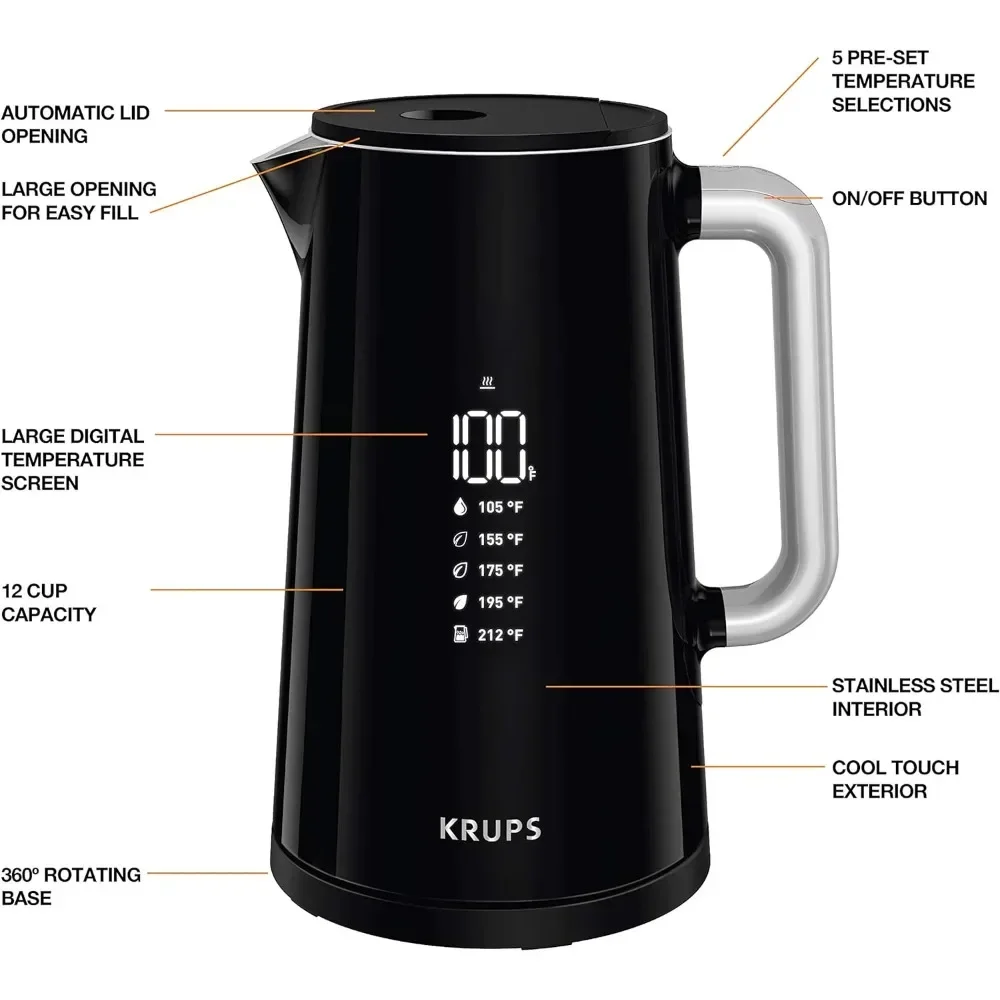 Krups Digital Temp Stainless Steel Interior,Electric Kettle,1.7 Liter Electric Tea Kettle,Fast Boiling,One Cup in 80 Seconds