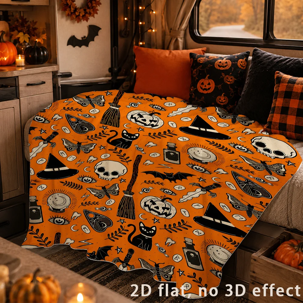 Retro Halloween Flannel Blanket, Skull Black Cat Pumpkin Witch Hat Bat Magic Elements Print, Orange Black Gothic Style Design, Soft Comfortable Lightweight Skin-Friendly, Suitable for Bedroom Sofa Bed Nap Reading Travel Use