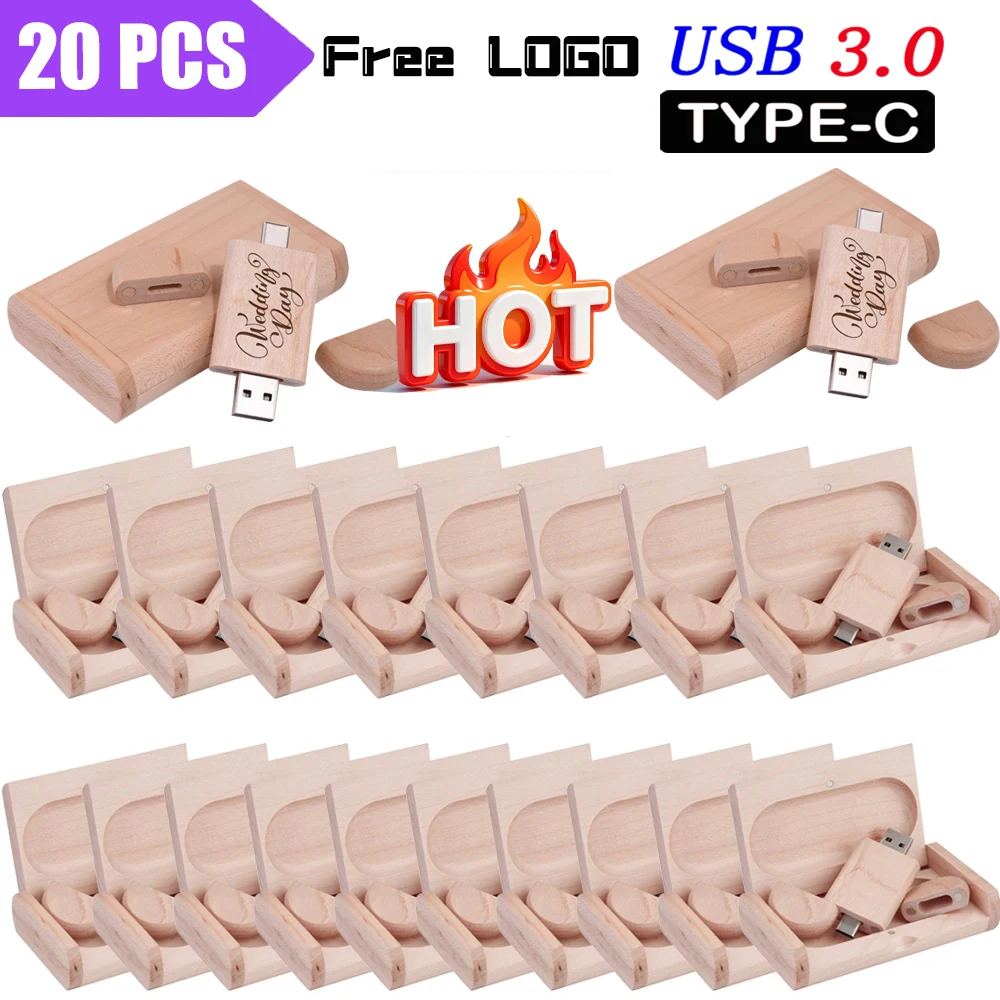 

20pcs/lot Designed Wedding Gift USB3.0 Flash Drive 128GB Type-C Memory Stick 64GB Free Logo Natural Maple Wood Pendrive 32GB 16G
