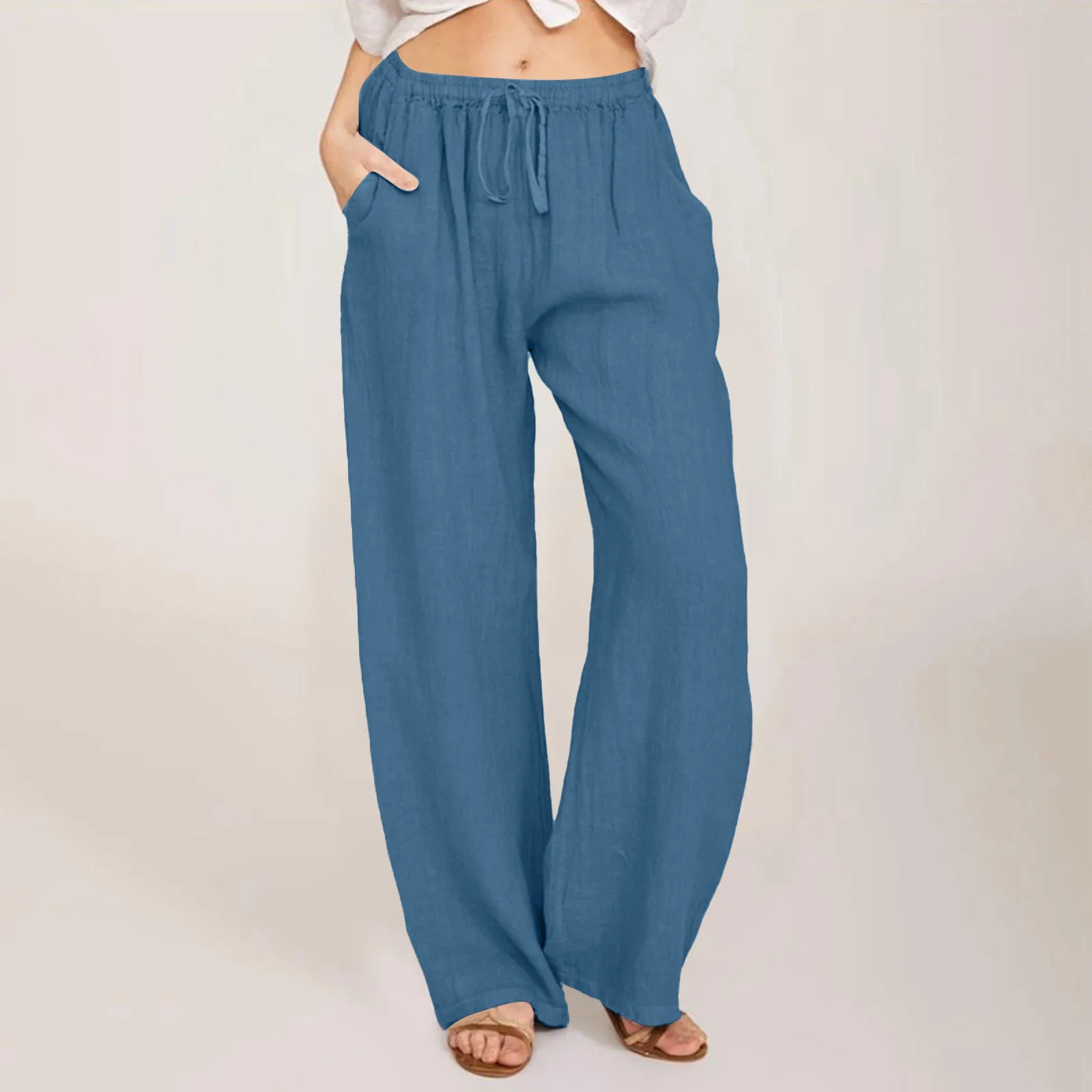 

Summer Autumn Cotton Linen Wide Leg Pants For Women Loose Elastic Waist Full Length Casual Pants Female Solid Straight Trousers