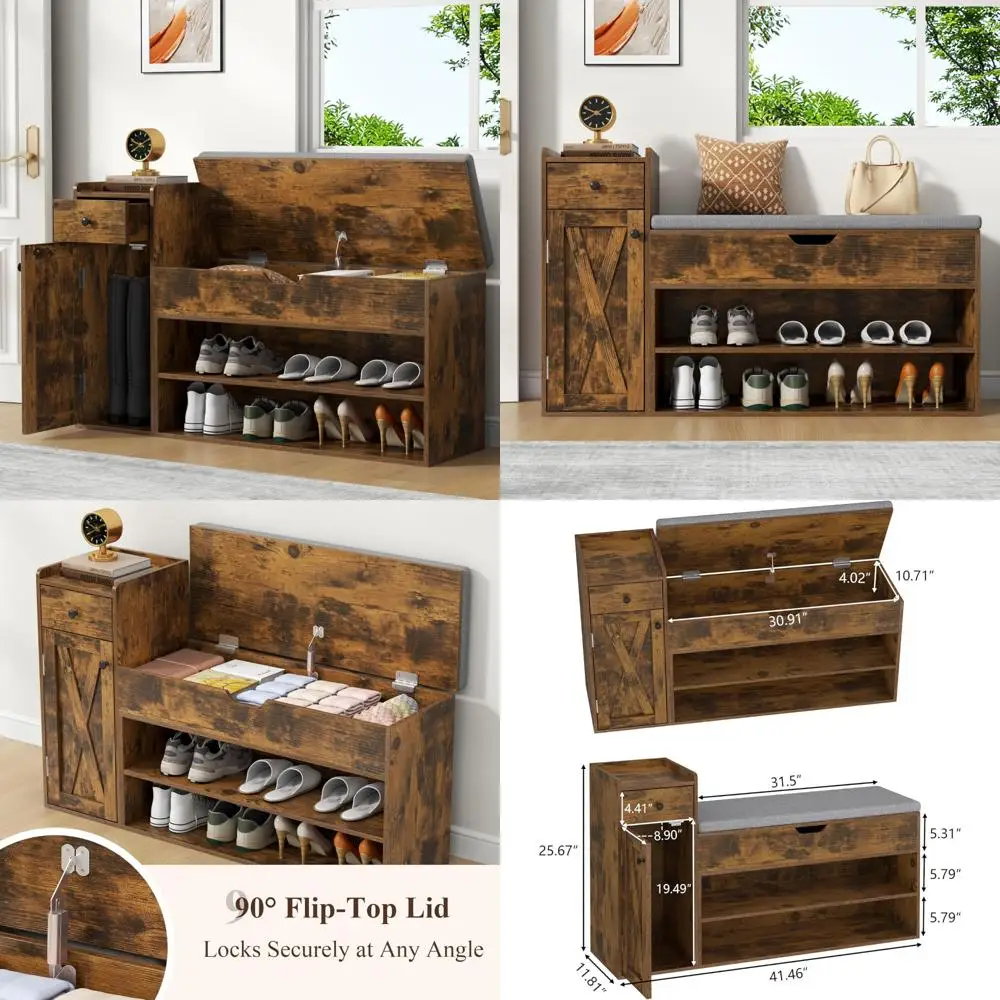 

Farmhouse Style 41 Shoe Storage Bench with Drawers, 2-Tier Entryway Seat with Cushion and Lift Top Storage
