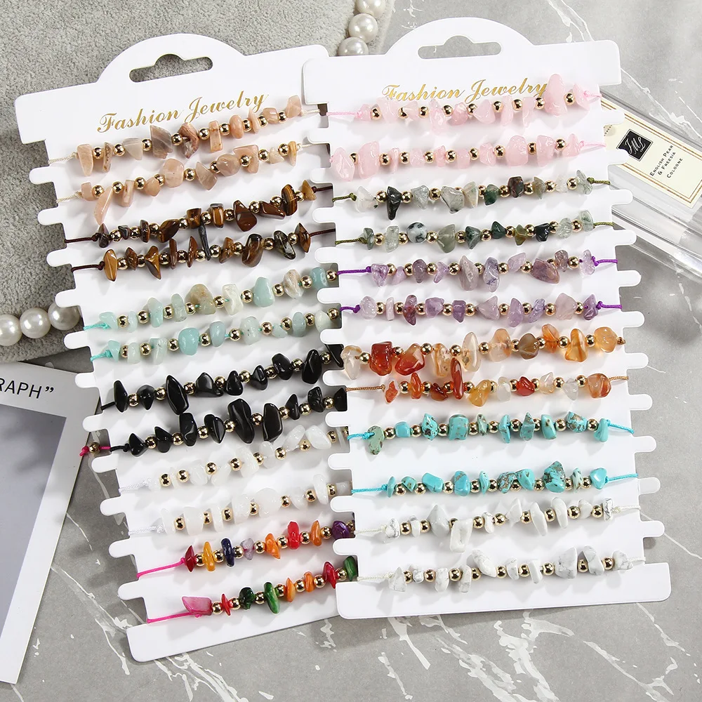 12Pcs Bohemian Random Color Summer Beach Gravel Anklet Bracelets for Women Men Colorful Stone Beaded Handmade Jewelry Wholesale