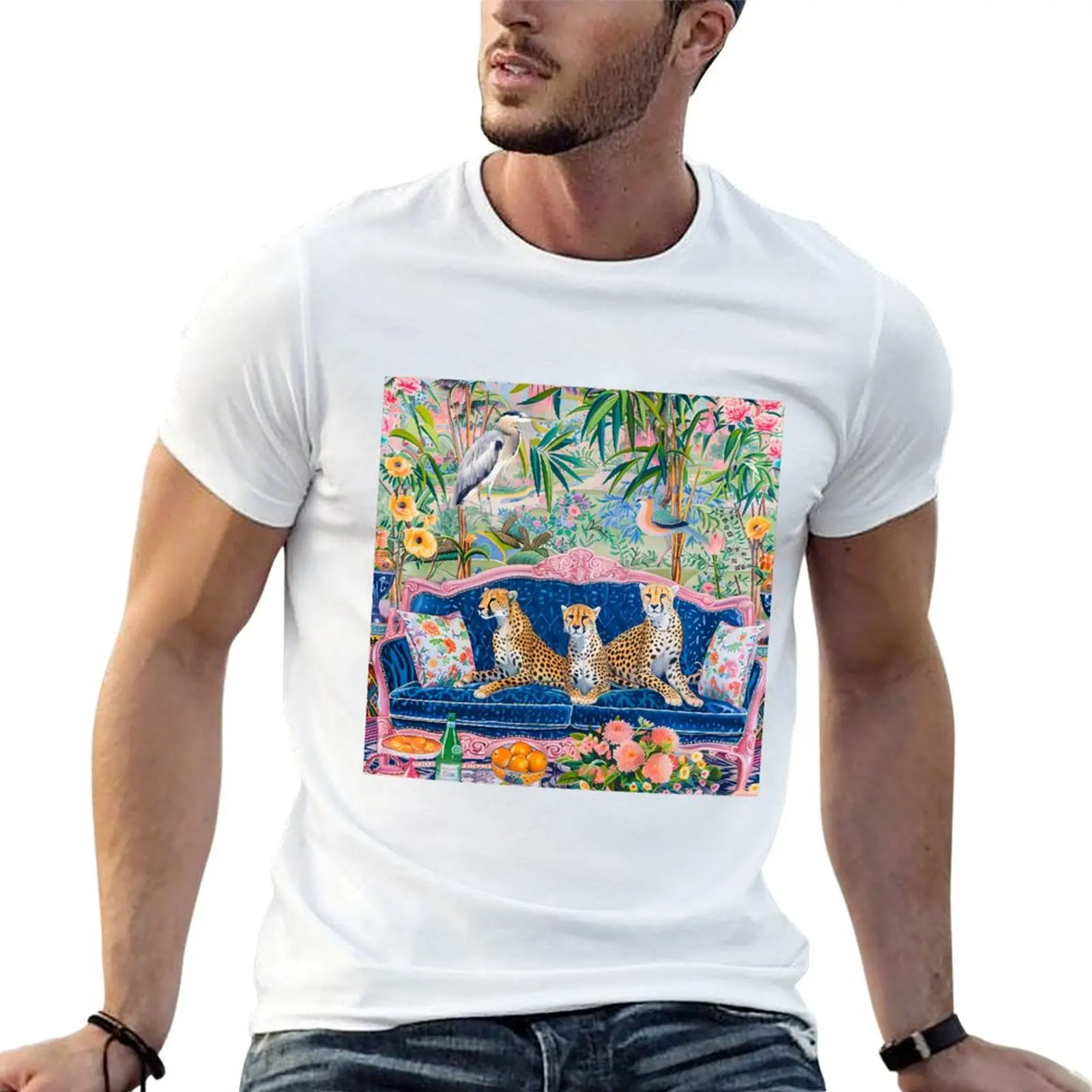 

for cheetahs chinoiserie plain package interior Three man t-shirt T-Shirt velvet black cotton sofa in on