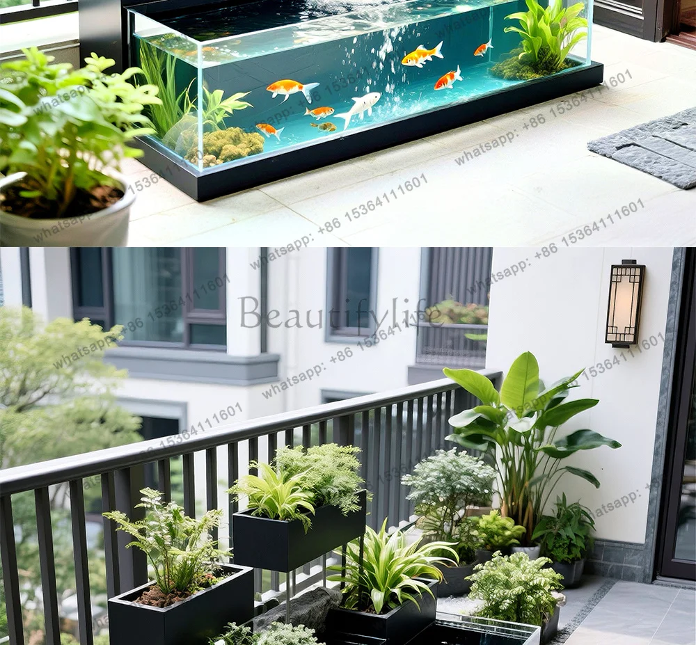 zj.Balcony Creative Flowing Water Fish Tank Flower Box Metal Tempered Ultra White Glass Terrace Circulating Fish Pool Stainles