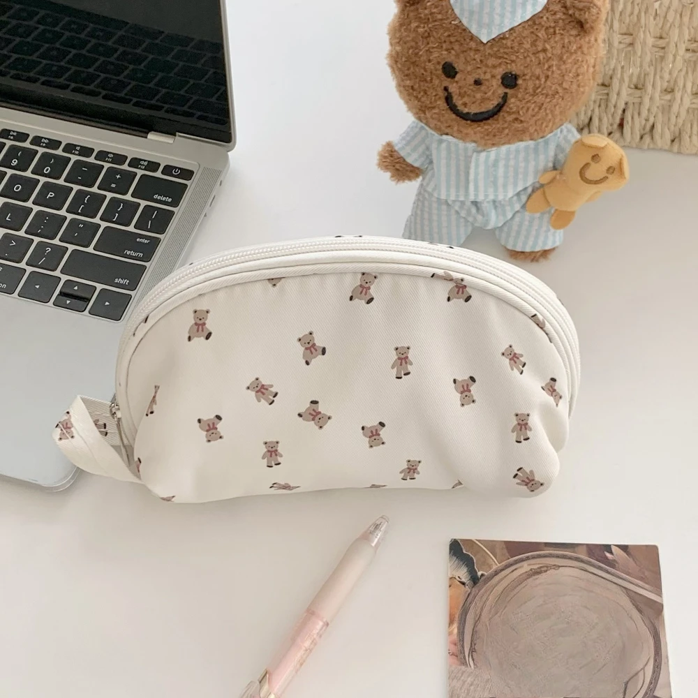 Cute Bear Multi-Layer Cosmetic Bag for Girls Portable Travel Makeup Pencil Case Zipper Toiletry Organizer Stationery Storage Bag