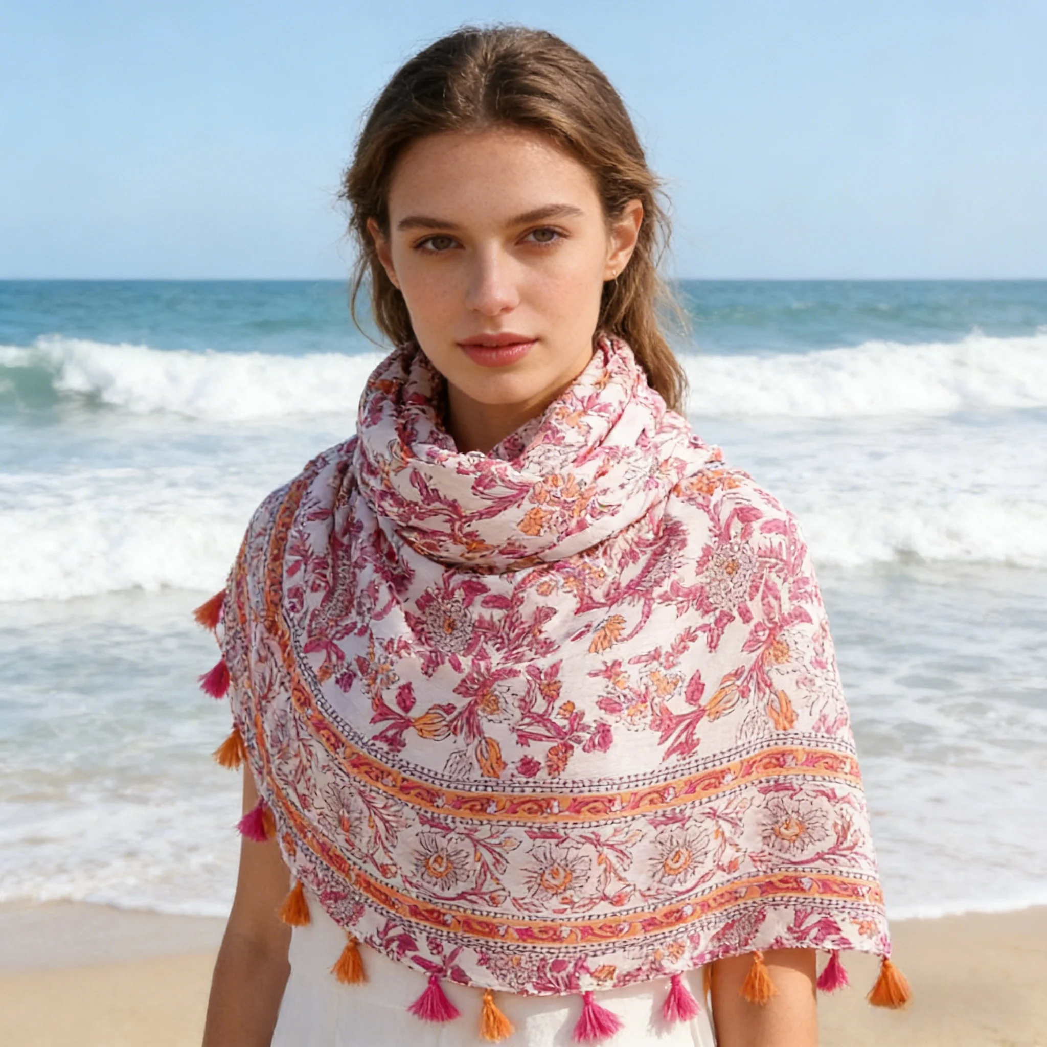 Women's Pink Orange Ethnic Floral Scarf, Breathable Polyester Neck Scarf, 88x180cm Tassel Decorative Shawl, Perfect for Vacation