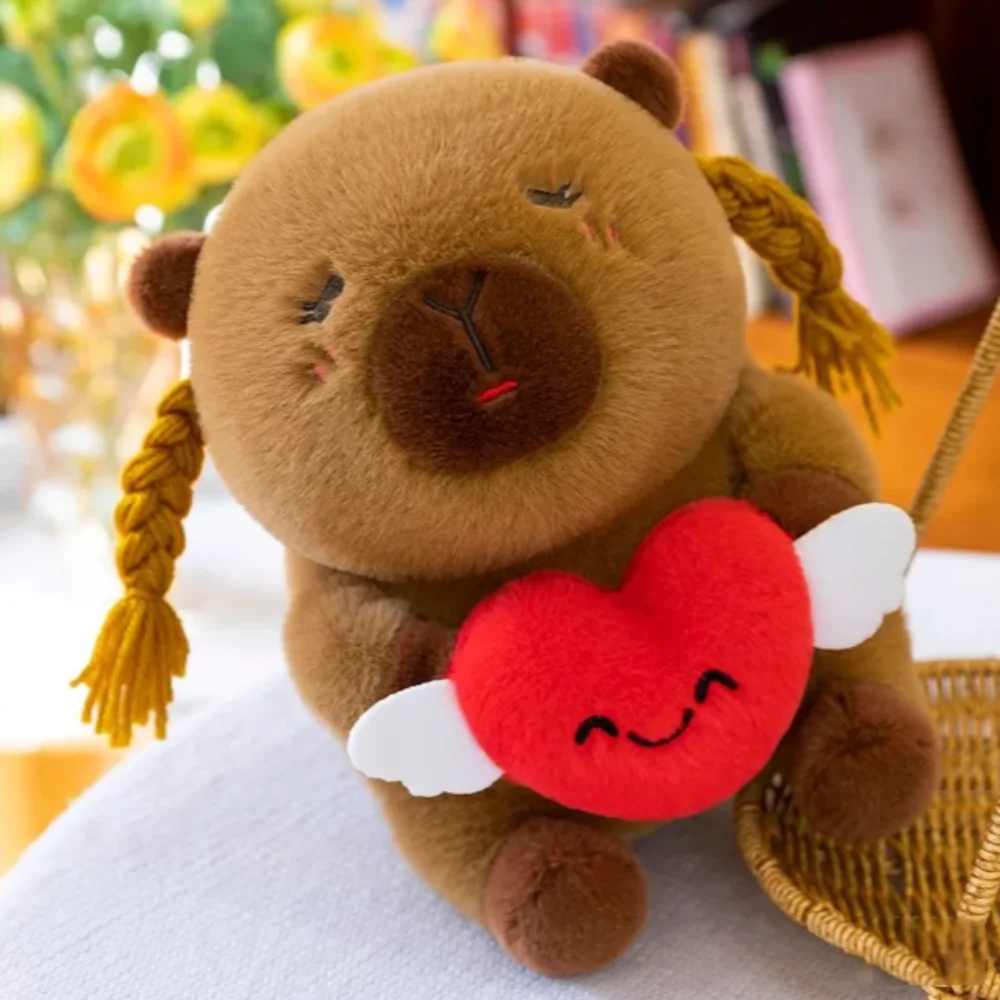 

Kawaii Love Heart Capybara Plush Toy Braided Fluffy Capybara Cotton Doll Brown Cute Capybara Stuffed Doll Room Decor