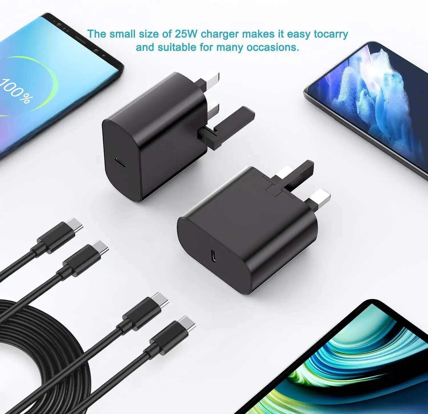 كابل USBC إلى USBC بطول 6 أقدام مع مجموعة شاحن توصيل المملكة المتحدة بقدرة 25 وات، شاحن سريع للغاية لهاتف سامسونج