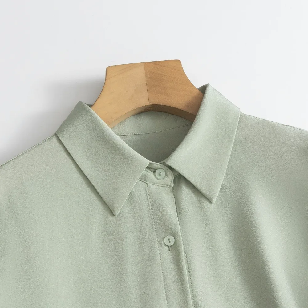 Women's Fashion Clothing 23MM Heavy 100% Natural Mulberry Silk Crepe De Chine Lapel Grey Green OL Style Long Sleeve Office Shirt