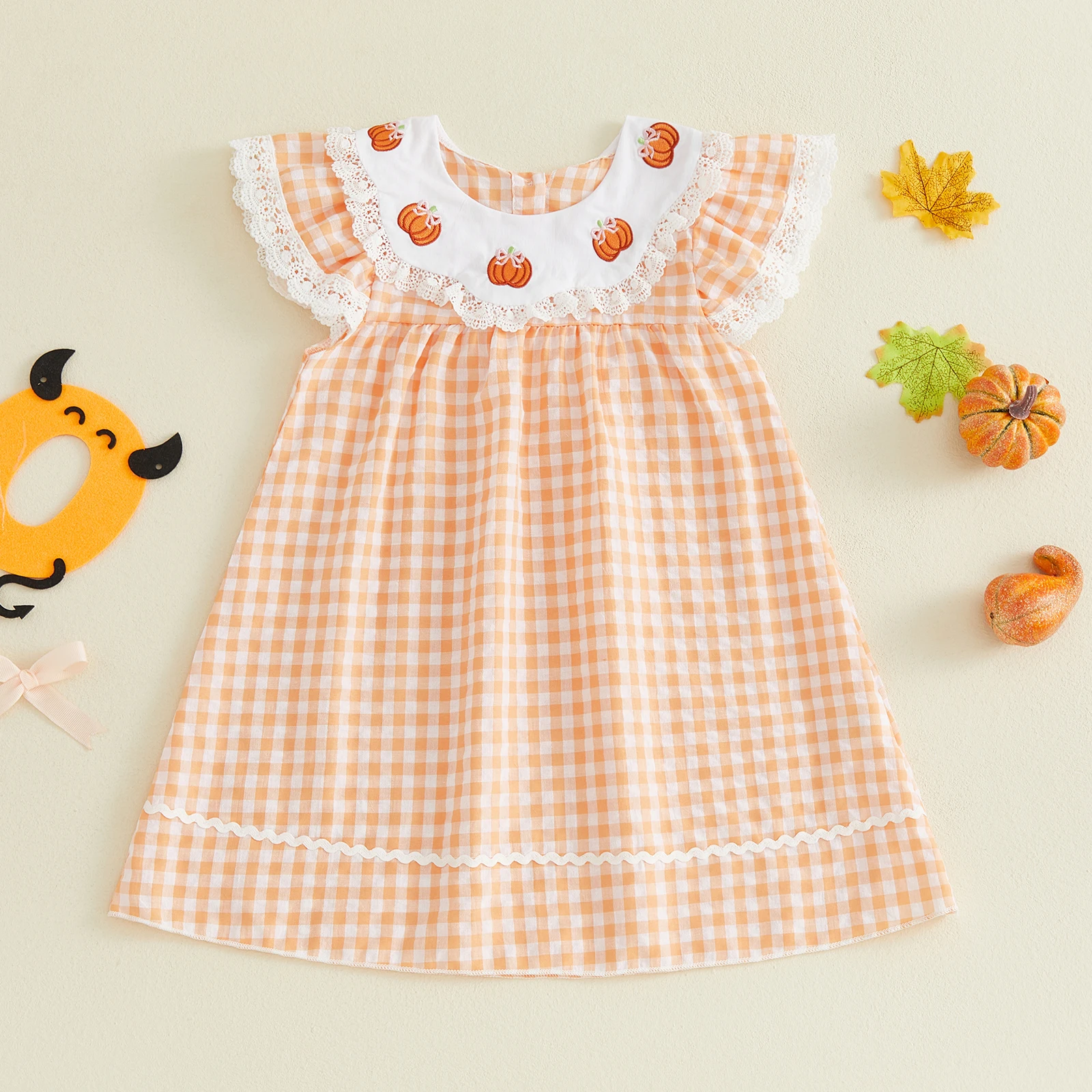 1-6Y Toddler Girls Halloween Dress Adorable Pumpkin Embroidery Flying Sleeve Round Neck Plaid Lace Dress Costume