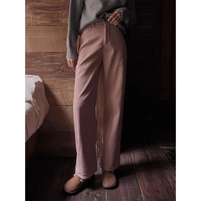 Corduroy Narrow Wide-Leg Pants for Women Autumn and Winter New Fleece-lined Thick Glutinous Rice Pants High Waist Slimming Strai