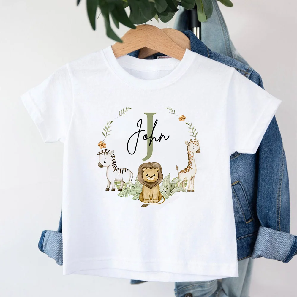 Personalized Birthday Shirt Initial with Name T-Shirt Wild Tee Boys Birthday Party T Shirts Wild Animal Clothes Tops Kids Gifts