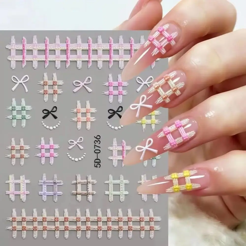 1pc 5D Macaron Color Plaid Bow Nail Stickers Cute Candy Color Checkered Nail Art Decals Ultra-Thin Summer Vacation DIY Manicure*
