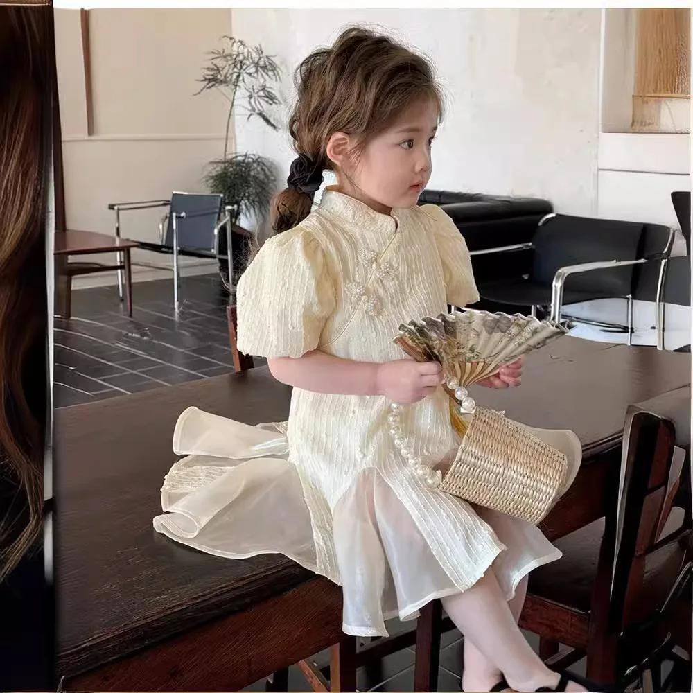 Girls Skirts 2024 Summer New Childrens Clothes Baby Girls New Chinese Qipao Dress Hanfu Long Skirt Casual Simple and Match