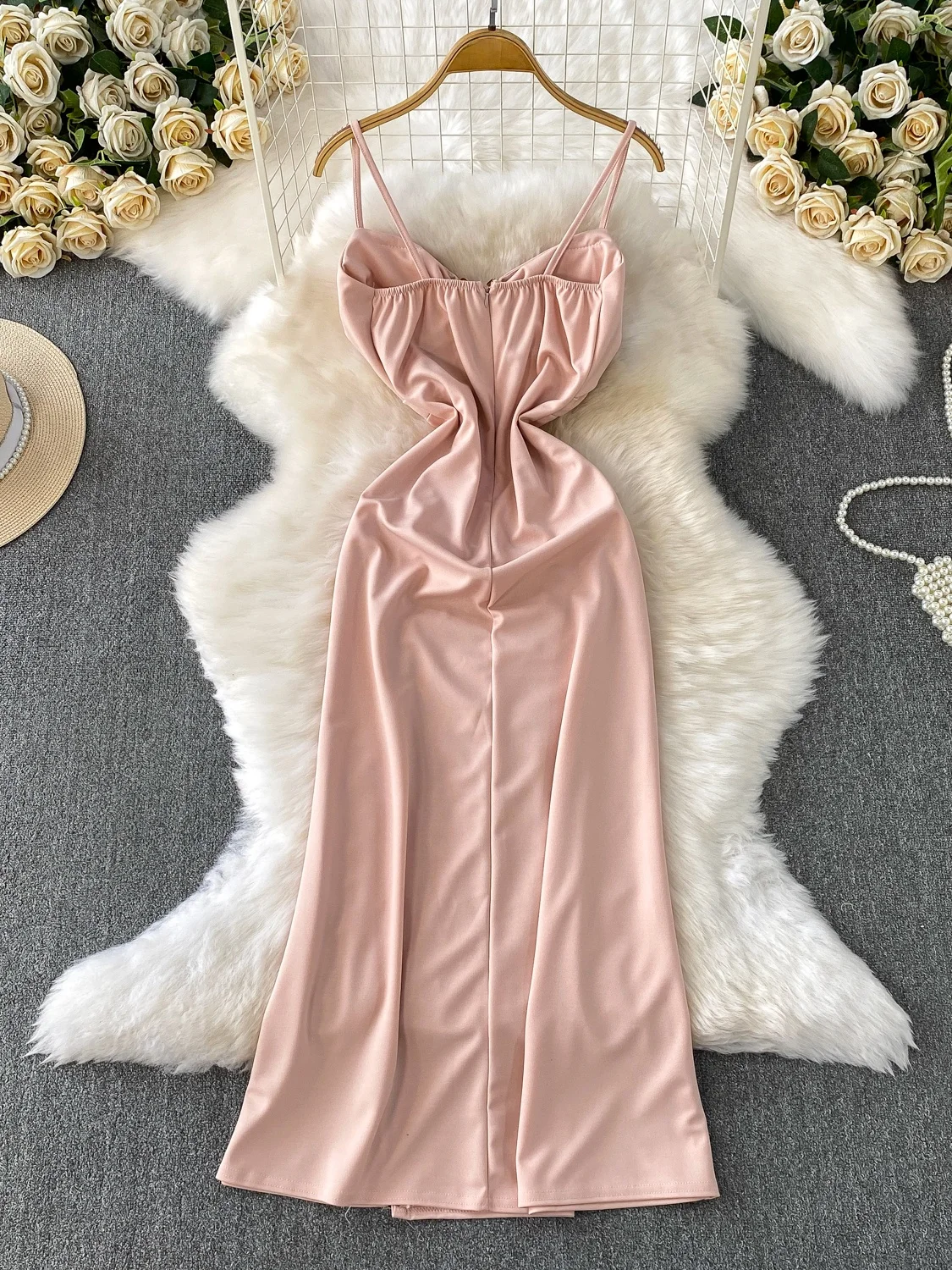 Ele V-Ne Button Detail Strapl Satin Dr Women's Summer Sexy Split A-Line Skirt High Waist Commute Sle Anti-Ball