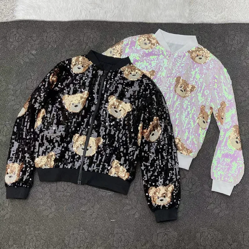 Tide Brand Women\'s Clothing Cartoon Bear Sequined Long Sleeve Loose Baseball Collar Zipper Coat Women\'s 2023 Spring New Jacket