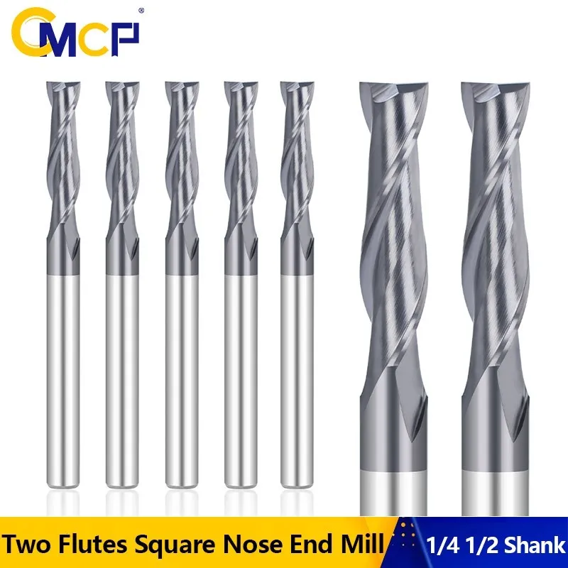 CMCP  Two Flutes Square Nose End Mill Carbide Upcut CNC Router Bits TiALN Coated, 1/4 inch 1/2 inch Shank Milling Cutter