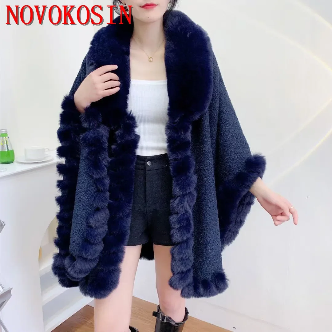 

6 Colors Winter Thicken Warm Big Faux Fur Collar Streetwear Loose Poncho Coat Women Cardigan Shawl Capes Teddy Velvet Cloak