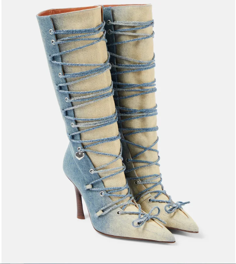 Spitz Design Denim Riemchen Bowtie Stiefel Mode Dame Vintage Dünne High Heel Kniehohe Stiefel Frauen Kleid Schuhe Leder
