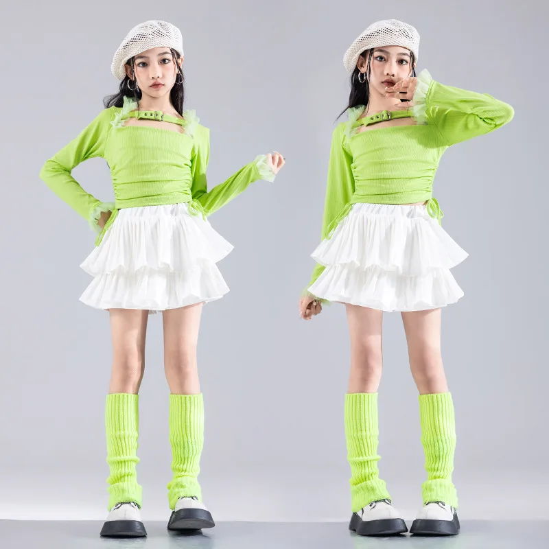 

Kid Hip Hop Clothing Green Drawstring T Shirt White Casual Cargo Pants Pleated Skirt Shorts for Girl Jazz Dance Costume Clothes