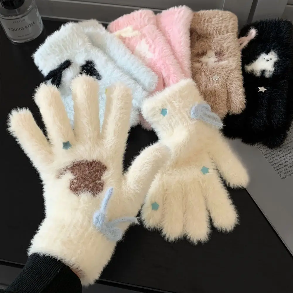 Practical Bow Star Cat Pattern Full Finger Gloves Polyester One Size Winter Warm Gloves Touch Screen Gloves Outdoor Activities