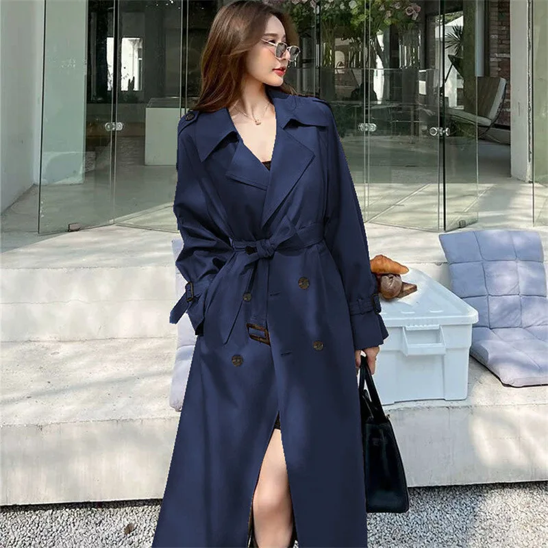 الخريف الشتاء واحدة الصدر بدوره إلى أسفل طوق خندق مكتب معطف سيدة مع الزنانير النمط البريطاني منتصف طول الصلبة معطف المرأة #4