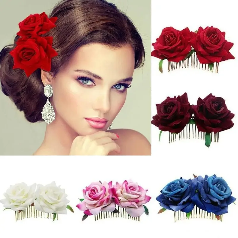 1pc Artificial Rose Flower Hair Comb Romantic Fancy Double Silk Velvet Rose Metal Comb Hair Clips Wedding Bridal Women Headwear