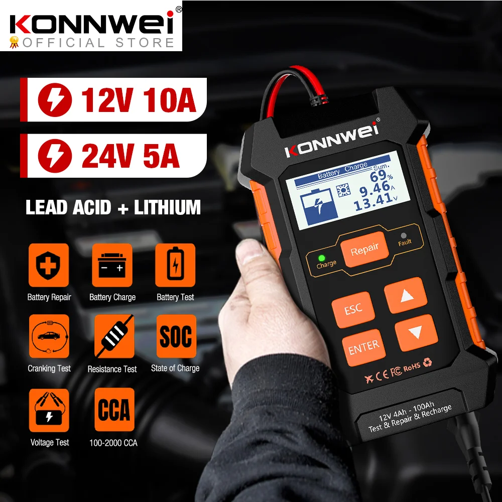 KONNWEI KW520 Car Battery Tester Charger Automatic 12V 10A Lead Acid Car Battery Pulse Repair Tool AGM Gel Lithium LCD Screen