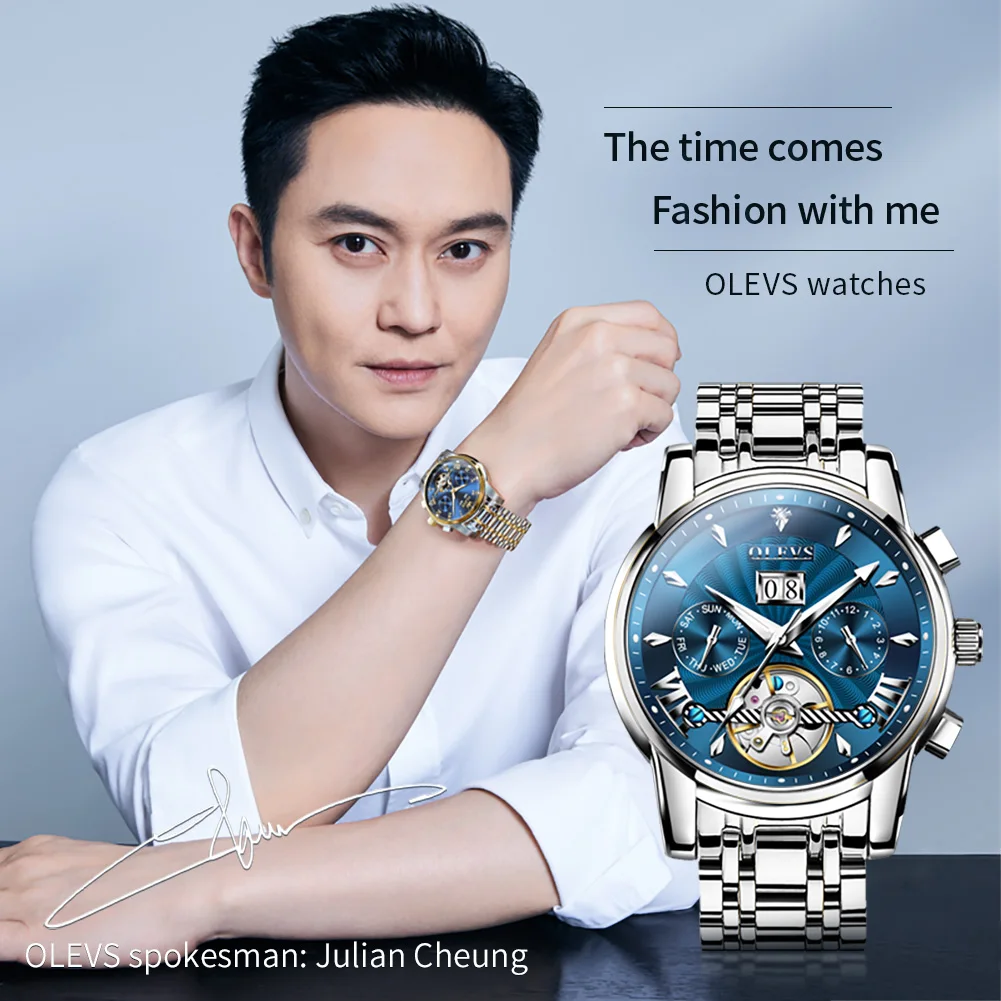 OLEVS 9965 Herenhorloge Automatisch mechanisch horloge Multifunctioneel Weekdatum Luxe horloge voor heren 30 m waterdichte lichtgevende doos