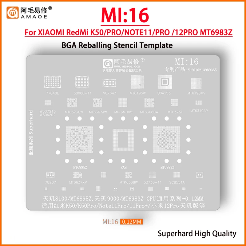 MI16 BGA Reballing Stencil For Redmi K50 K50Pro Note11Pro Note11Pro+ Xiaomi 12Pro Dimensity 8100 9000 MT6895Z MT6983Z CPU PA IC