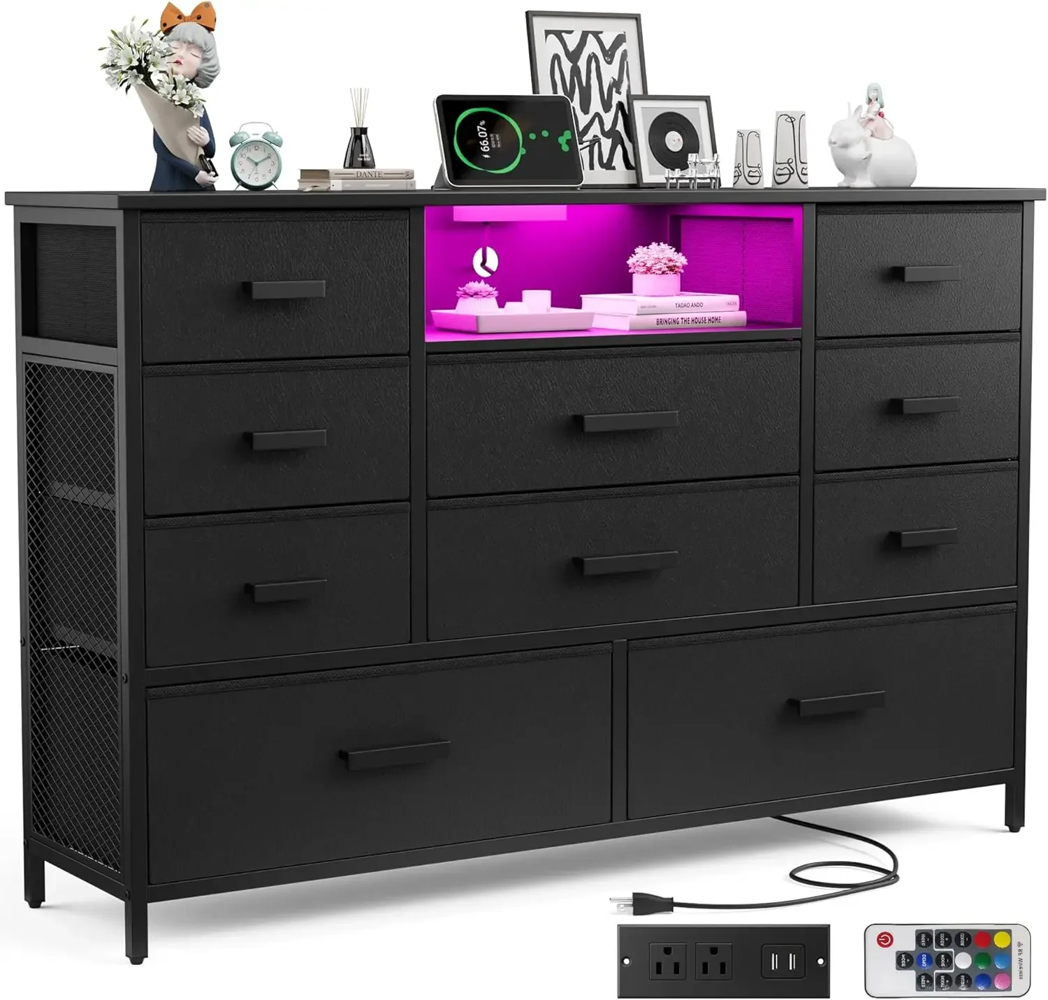 with Charging Station, Black Dresser for Bedroom with 10 Drawers, TV Stand Dresser with LED Light for 55