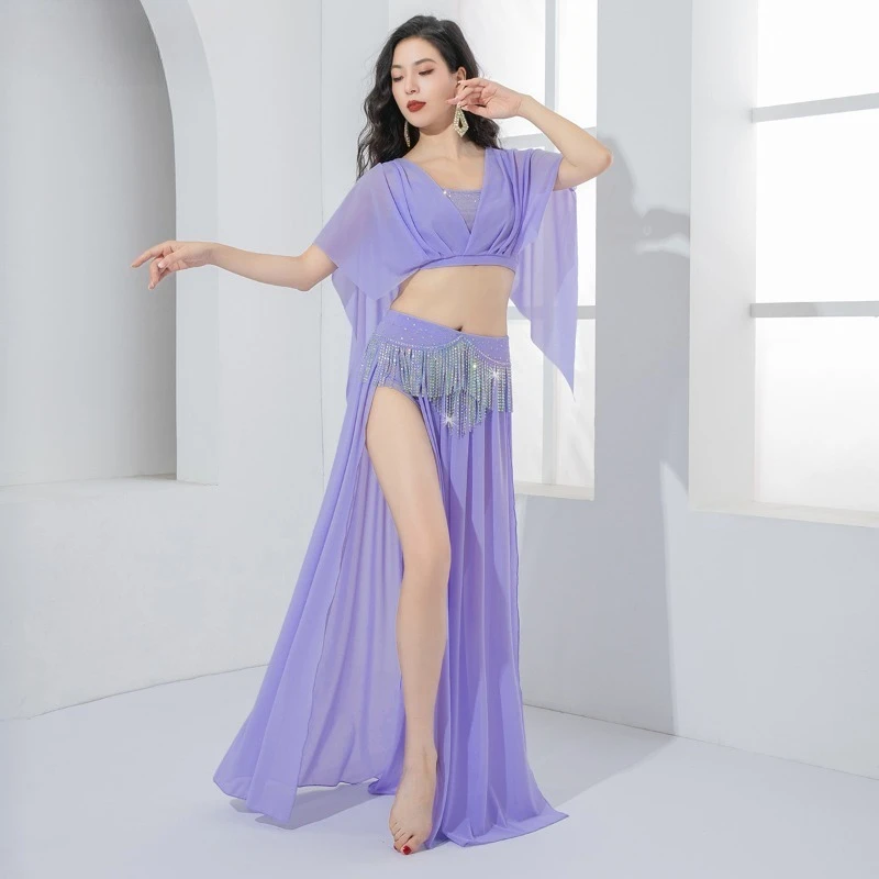 Costumi di danza del ventre personalizzati Colletto profondo con piega a V Top Gonna con nappe forate a caldo Abito da spettacolo per pratica di danza orientale in rete