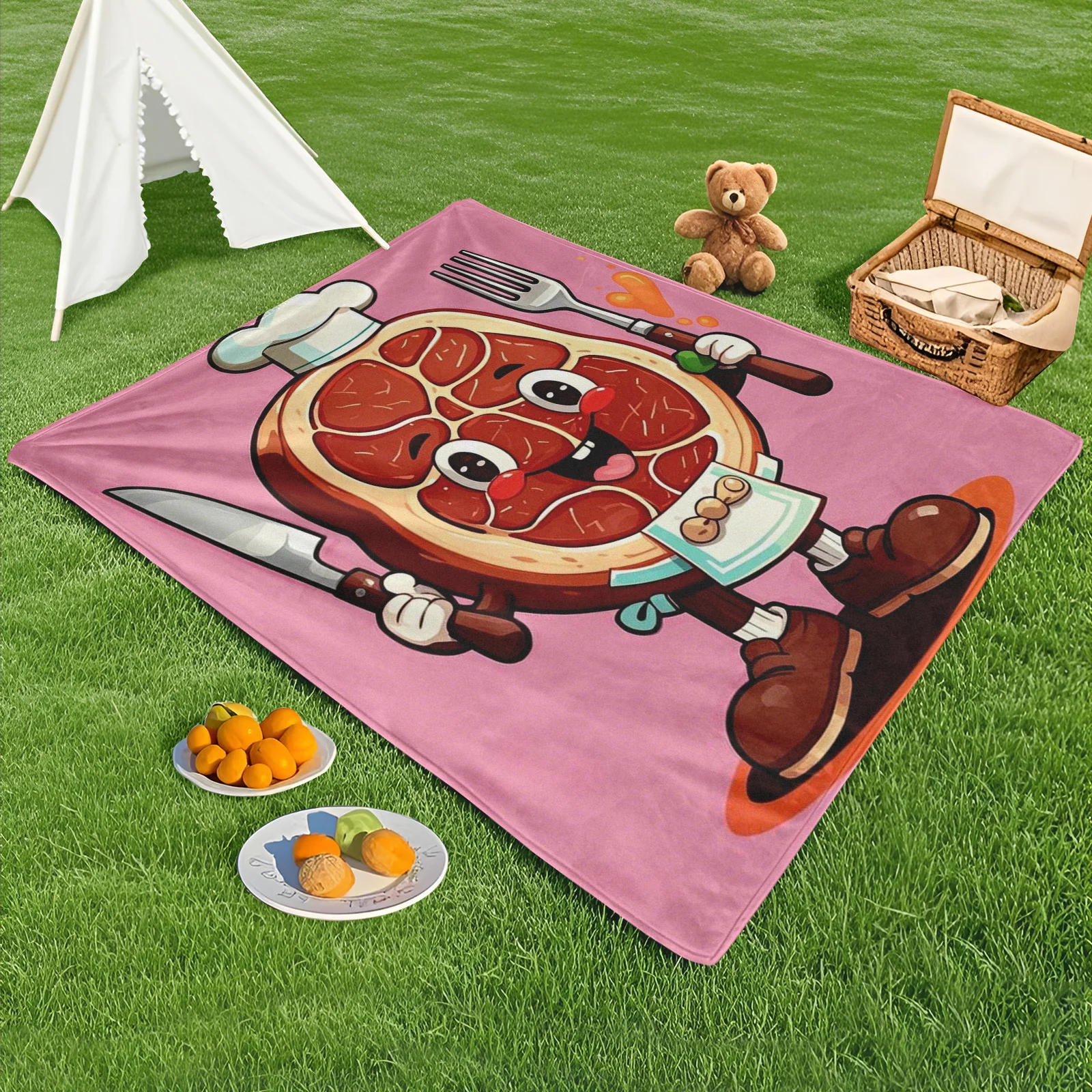 Cartoon Steak With Hat Knife Fork And Pink Background Design Warm Outdoor Blanket For Camping Picnic And Outdoor Dining Comfort