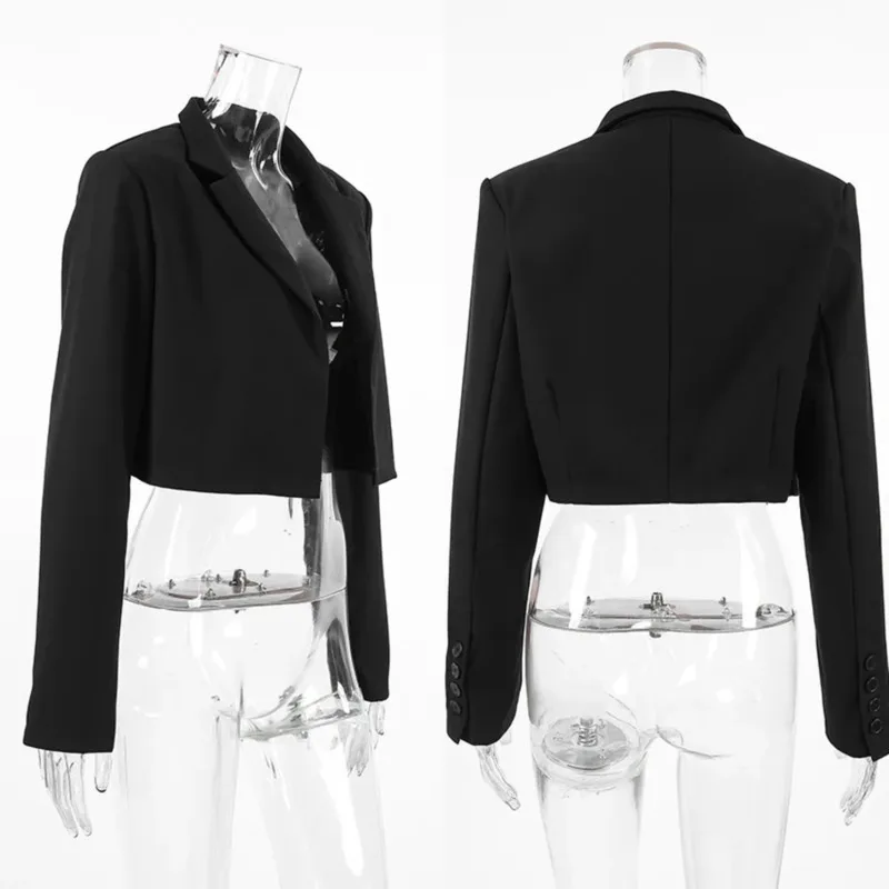 

Black Cropped Blazer Jacket Women’s Autumn Long Sleeve Stand Collar Short Elegant Office Work Top Outerwear Casual Fashion Top
