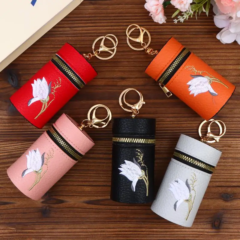 Portable Mini Lipstick Pouch Elegant Embroidery Flowers Coin Purse Keychain Pendant Fashion Earphone Storage Bag For Women Gift