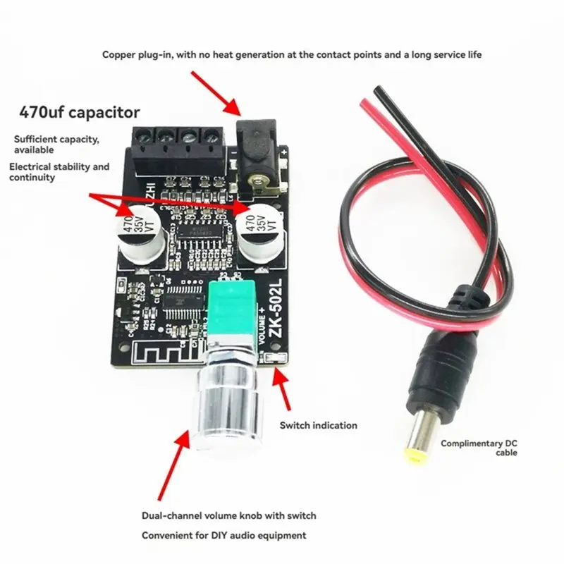 Y22A-ZK-502L MINI DC 5-24V 50Wx2 Bluetooth 5.0 Wireless Audio Digital Power Amplifier Stereo Board Bluetooth Amp Amplificador