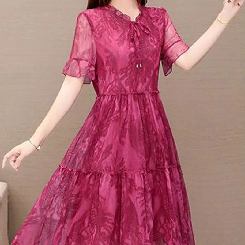 Vintage Printed Gauze Spliced Dresses Casual Drawstring Summer O-Neck Ruffles Female Clothing Fashion Short Sleeve Midi Dress