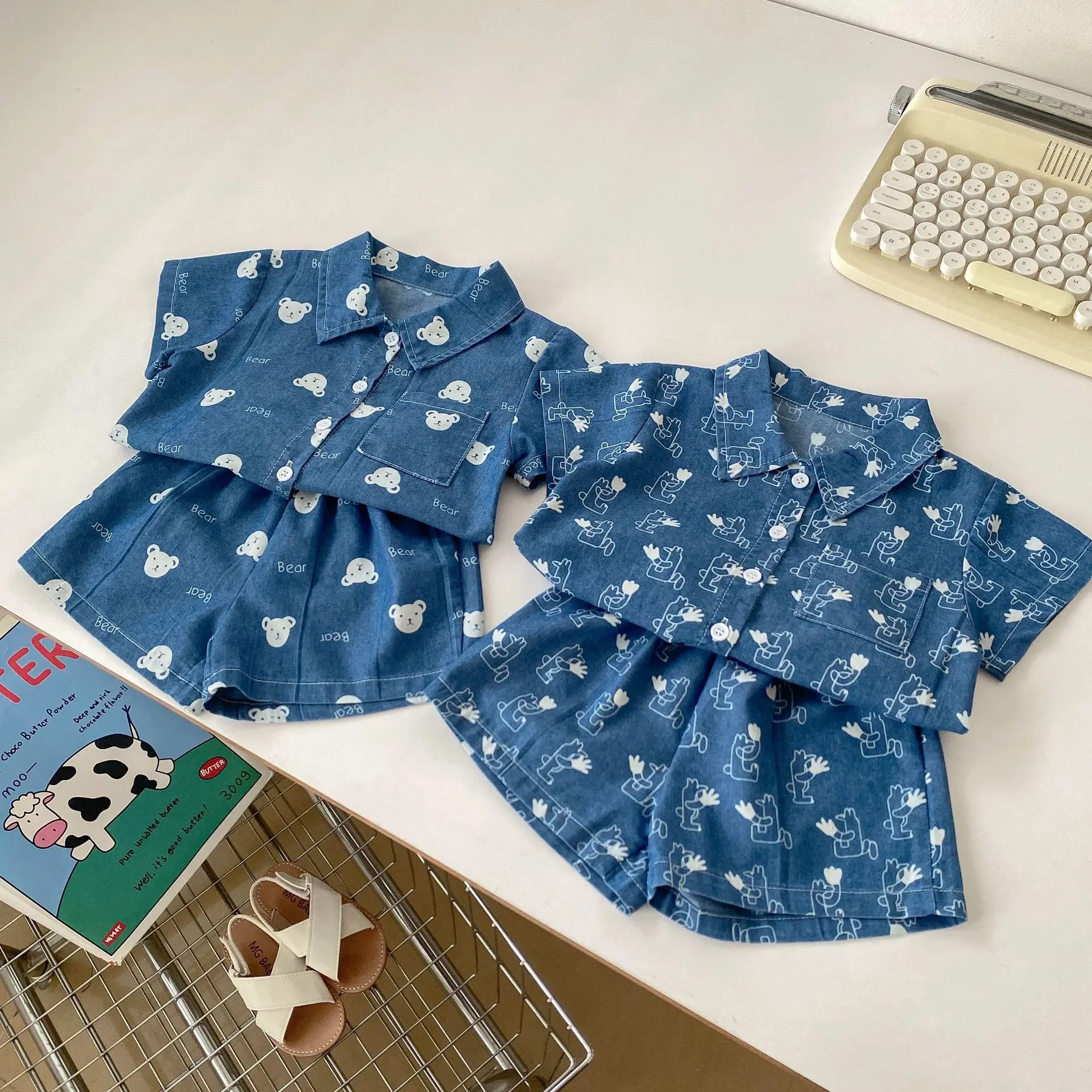 

Лето 2023, ковбойский комплект для мальчиков, милый мультяшный воротник, рубашка с короткими рукавами, шорты, детская одежда, комплект из двух предметов