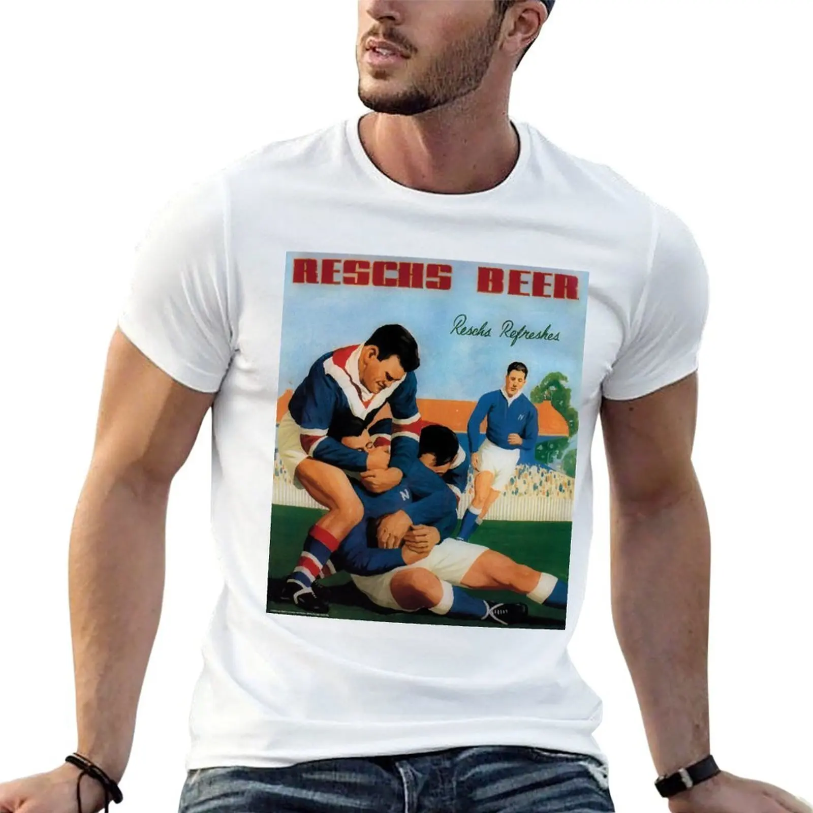 

Reschs Beer 1930s advertisement - footballers headlock T-Shirt mens graphic t shirts t shirts for man graphic vintage T-Shirt