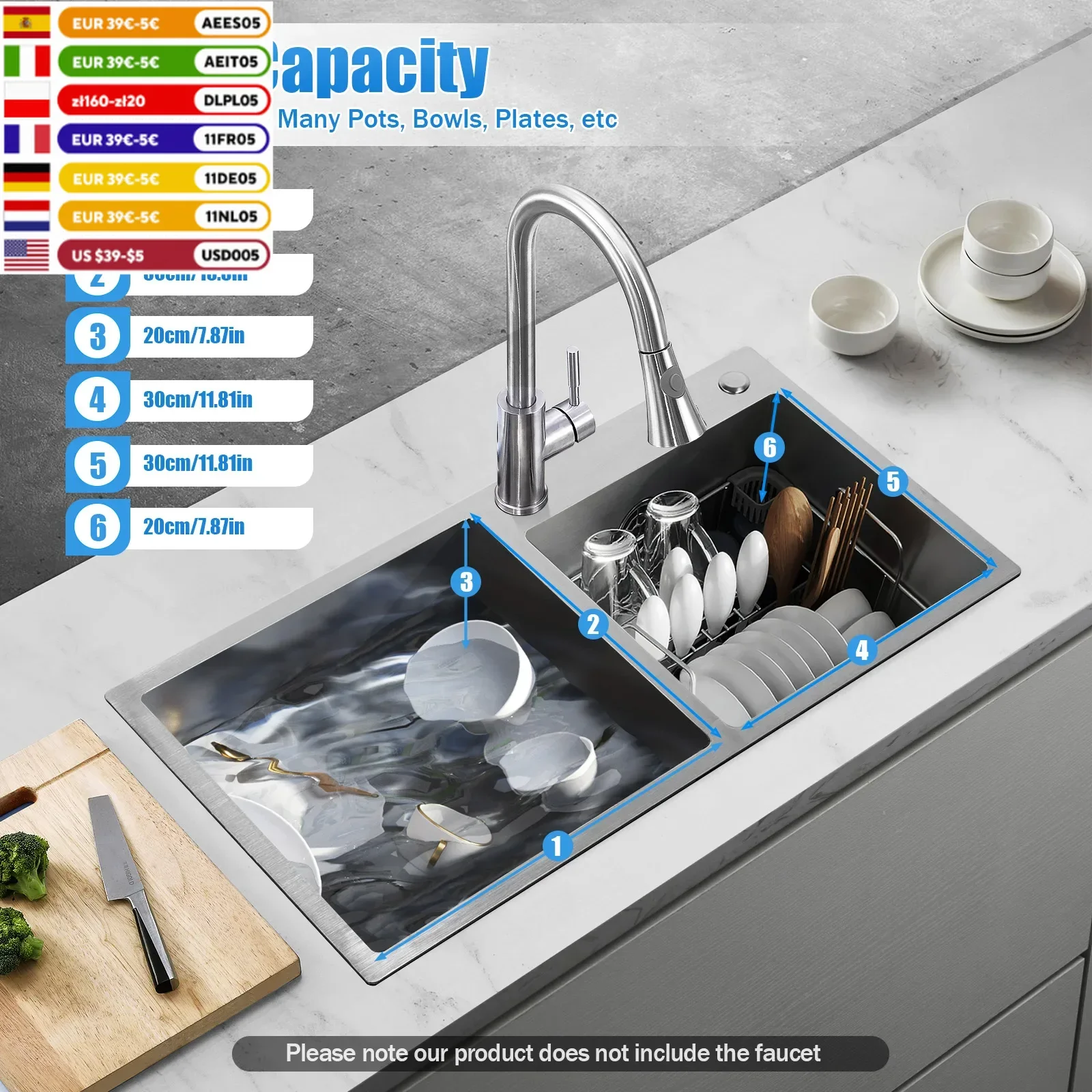 Kitchen Bathroom Modern Stainless Steel Inset Double Sink with Drain Basket Vegetable Basin Double-Slot