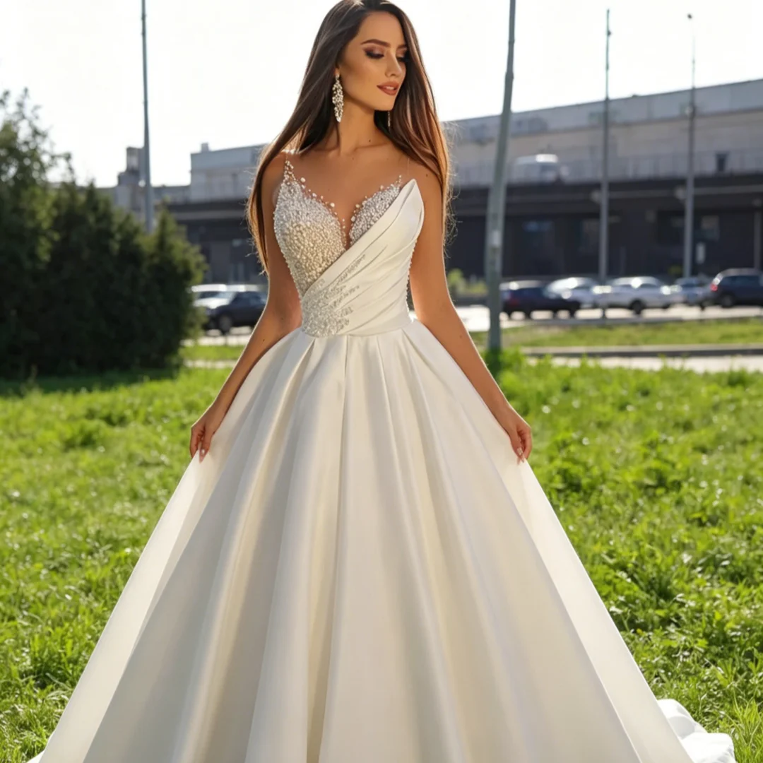 Maßgeschneidertes Sweetheart-Brautkleid aus Satin mit Perlen, schulterfrei, A-Linie, mit Kathedralenschleppe