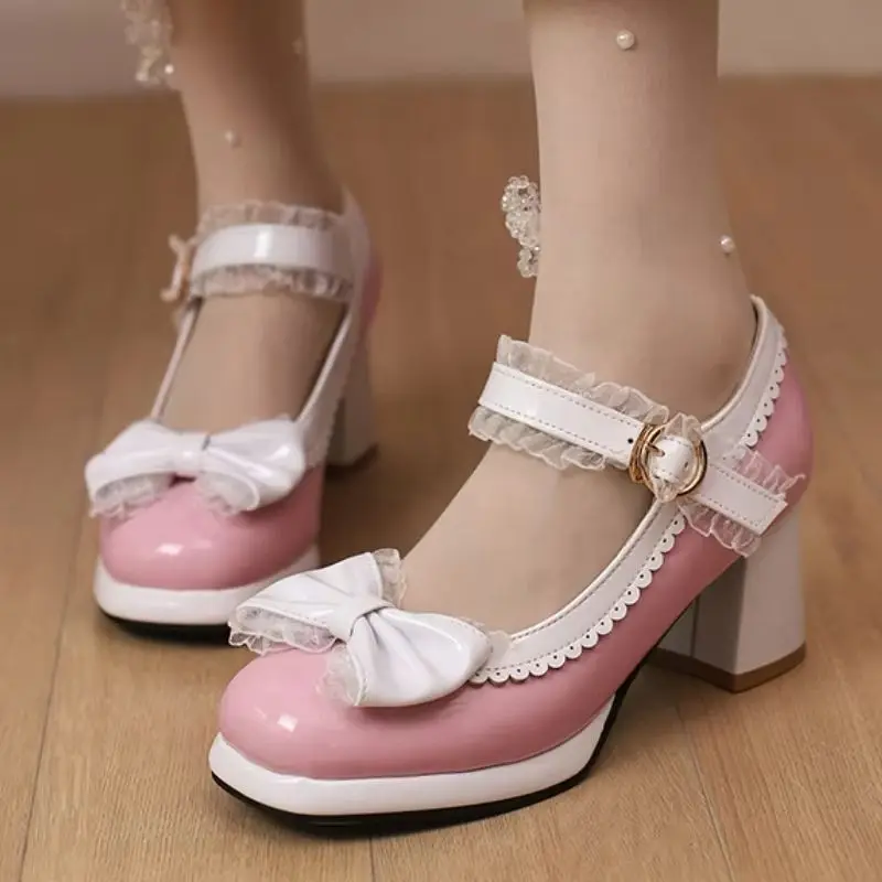 

Милые женские туфли Мэри Джейн на высоком каблуке с завязками и бантом, новые элегантные черные, красные, розовые туфли на каблуке для танцев и офиса, свадебные туфли для девочек