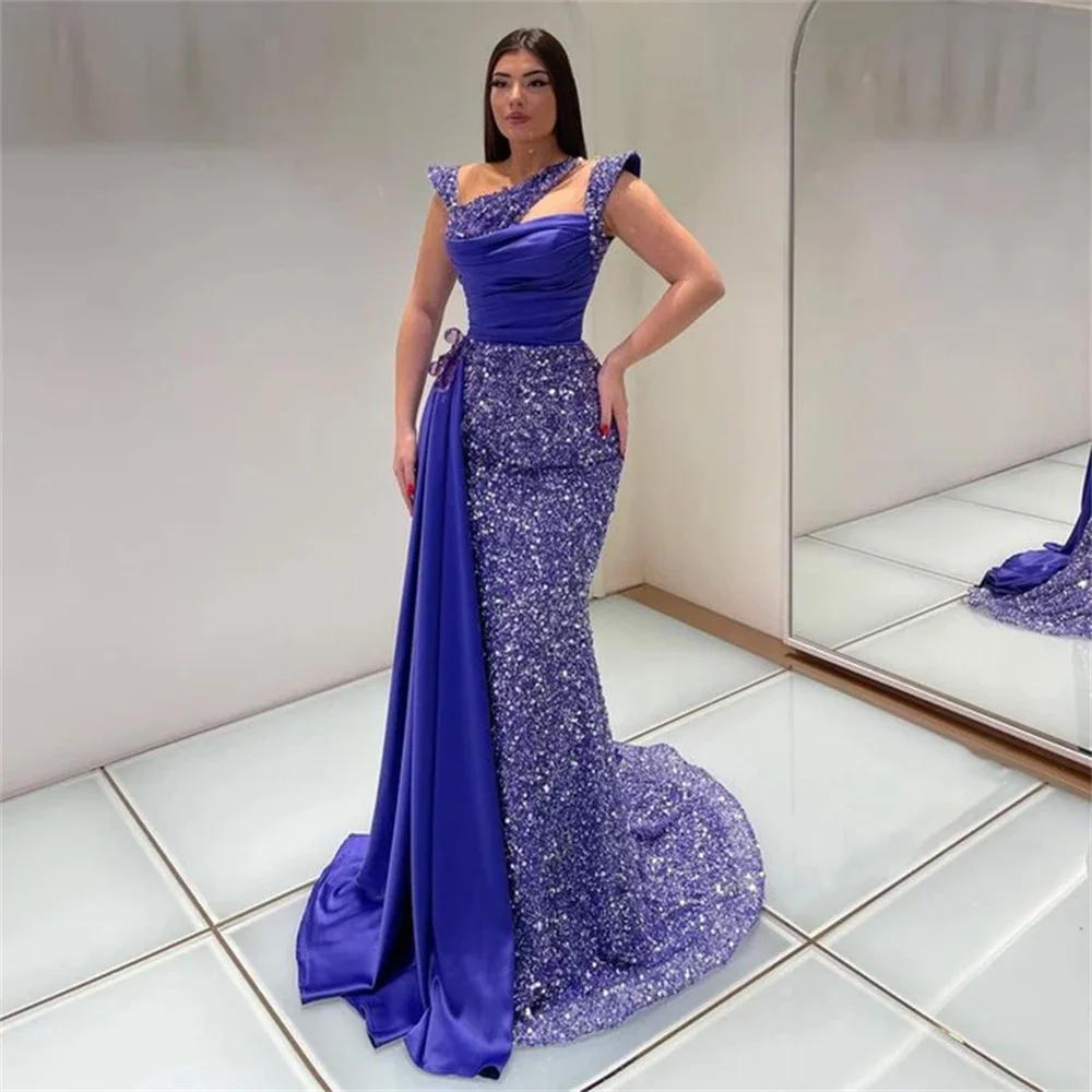 

Shiny Prom Dress Sleeveless Formal Evening Dress Mermaid Slim Floor-Length Cocktial Gown Sweep Train Sequin Beauty Pageant Gown