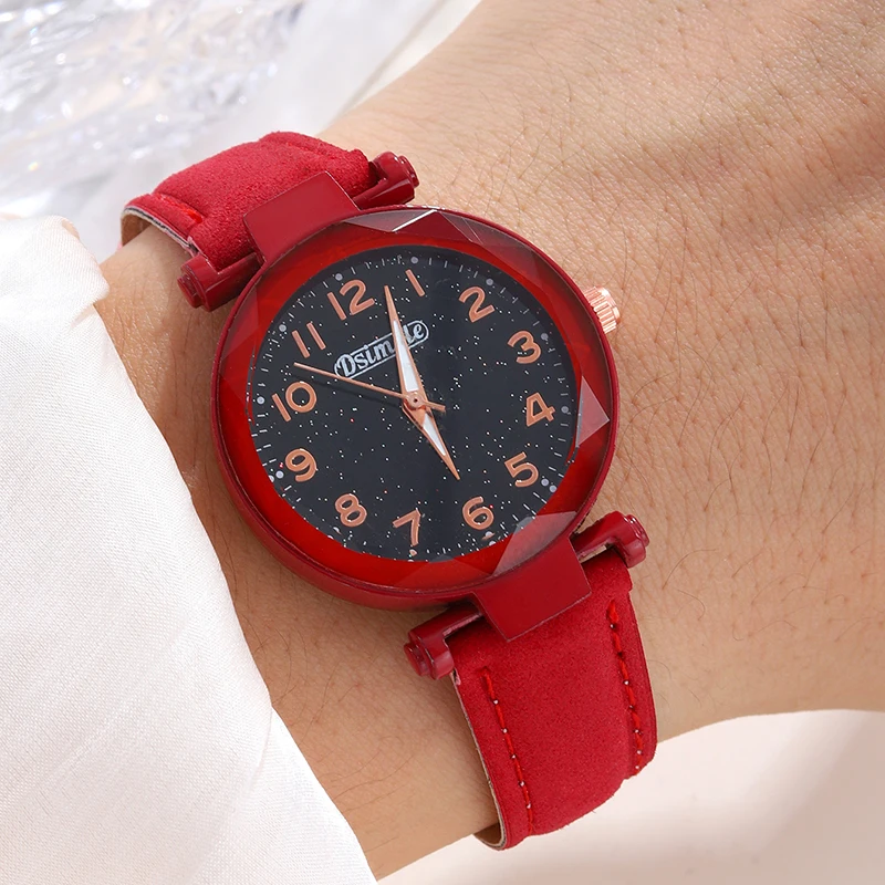 5PCS Set Women Starry Sky Dial Watch Brand Design Female Clock Red Leather Band Ladies Watches Simple Casual Womens WristWatch