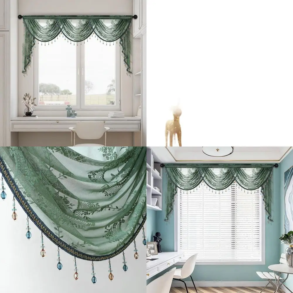 

Elegant Green Floral Lace Curtain Valance with Beads for Living Room & Bedroom, 79 Single Panel